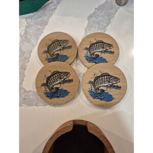 Vintage Coasters Set of‎ 4 with wooden Holder Bass Fish Design